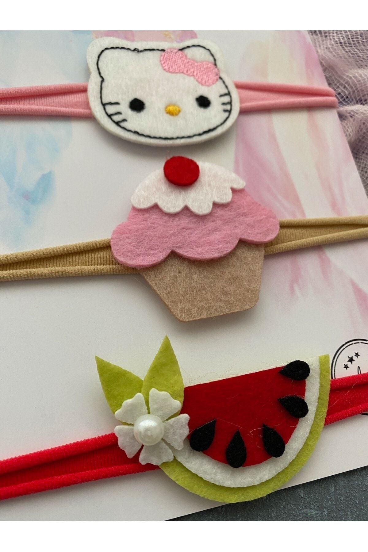 3 Lü Hello Kitty Cupcake Karpuz Saç Bandı