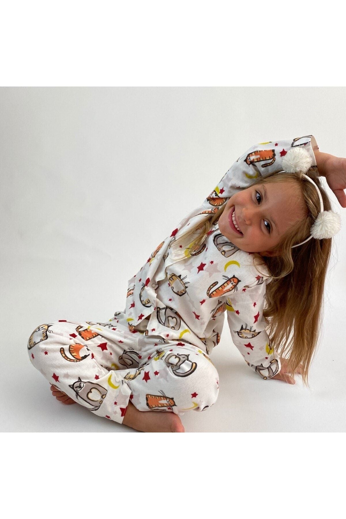 Miniko Butik Kedi Desenli %100 Pamuk Pazen Çocuk Pijama Takımı