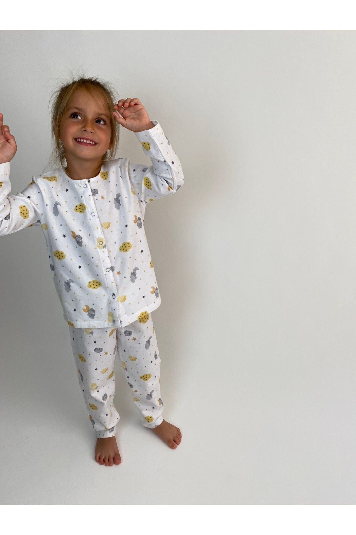 Miniko Butik Bulut Desenli %100 Pamuk Pazen Çocuk Pijama Takımı