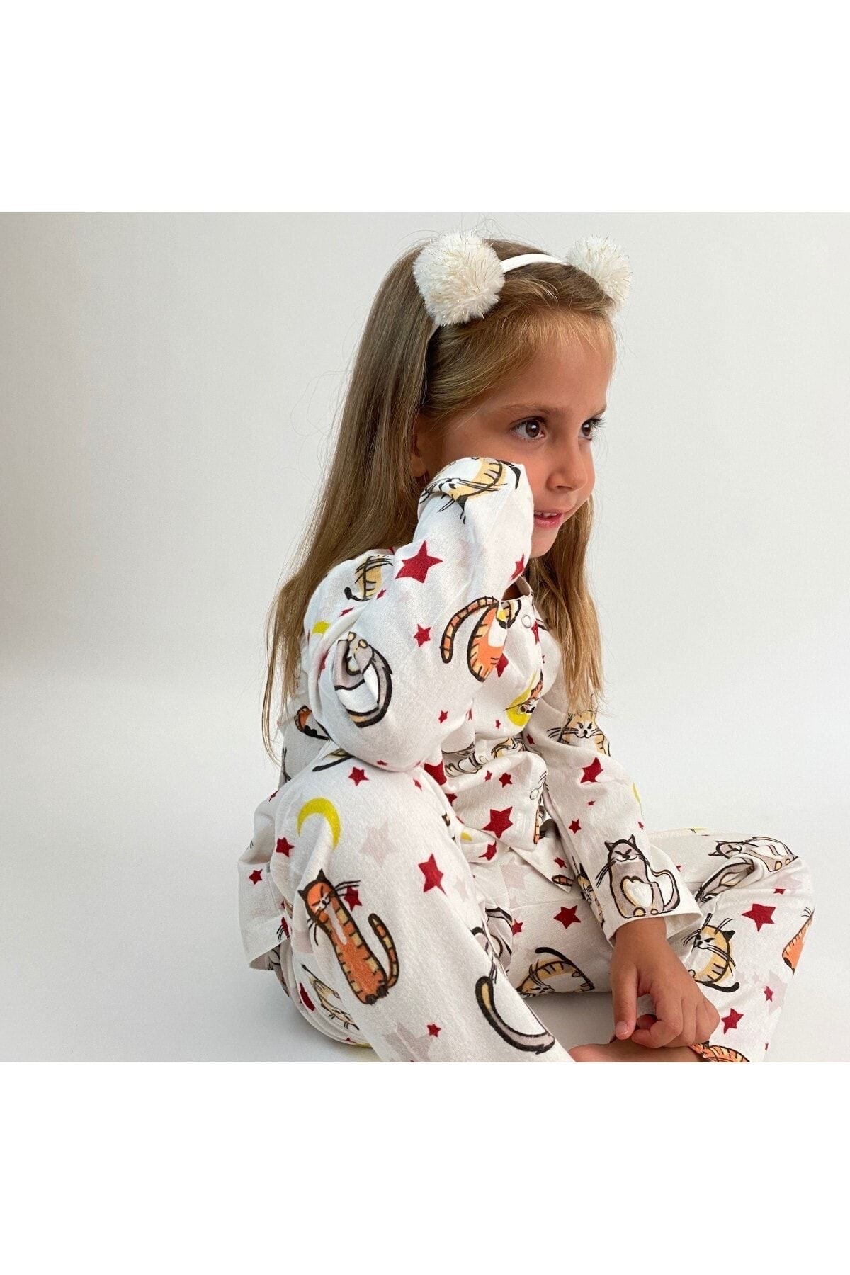 Miniko Butik Kedi Desenli %100 Pamuk Pazen Çocuk Pijama Takımı