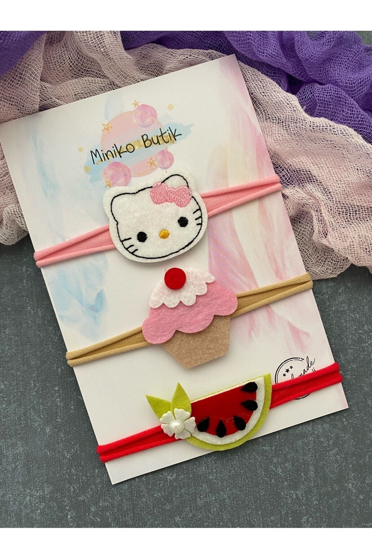 3 Lü Hello Kitty Cupcake Karpuz Saç Bandı